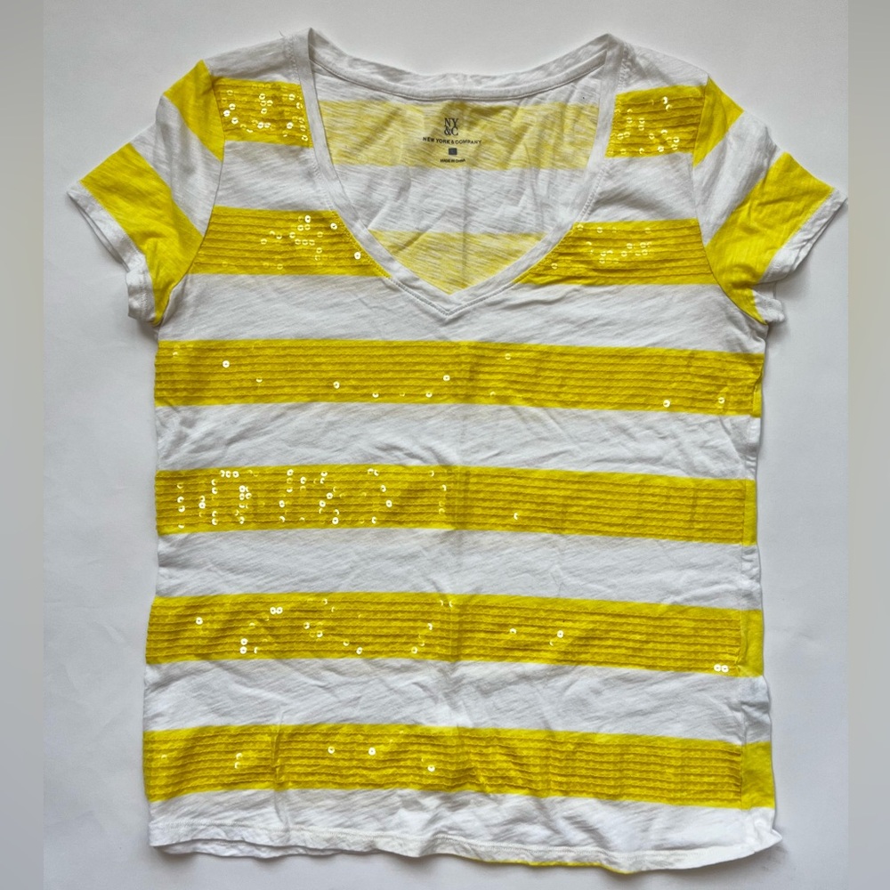 Yellow and White Striped Summer Casual T-Shirt Sequins Tee Y2K Glam Nautical Top
